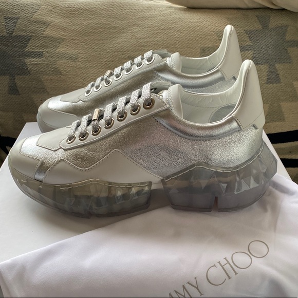 Jimmy Choo diamond Luxury sneakers silver/white metallic leather 40/10 NWT - Picture 4 of 16